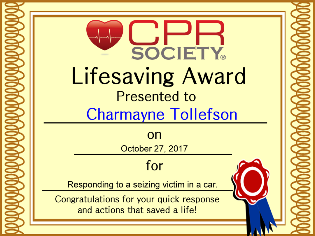 CPR Society Lifesaving Award Presented to Charmayne Tollefson CPR